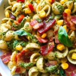 Corn Pasta Salad with Turkey Bacon and Creamy Pesto Dressing