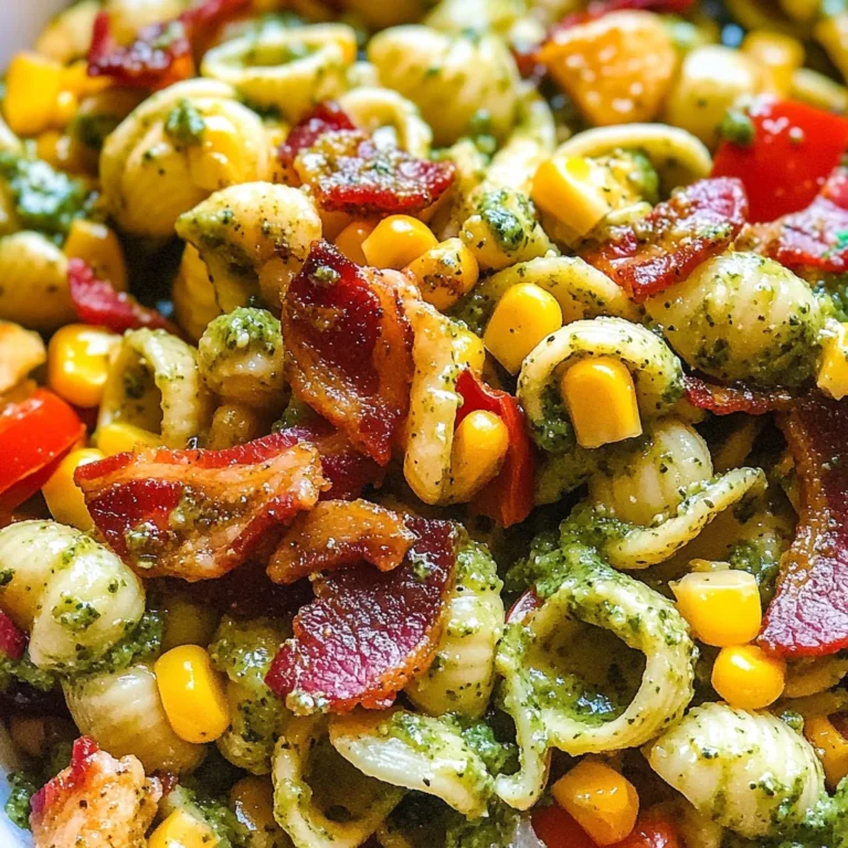 Corn Pasta Salad with Turkey Bacon and Creamy Pesto Dressing