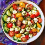 Tomato Cucumber Avocado Salad with Mozzarella and Basil Pesto