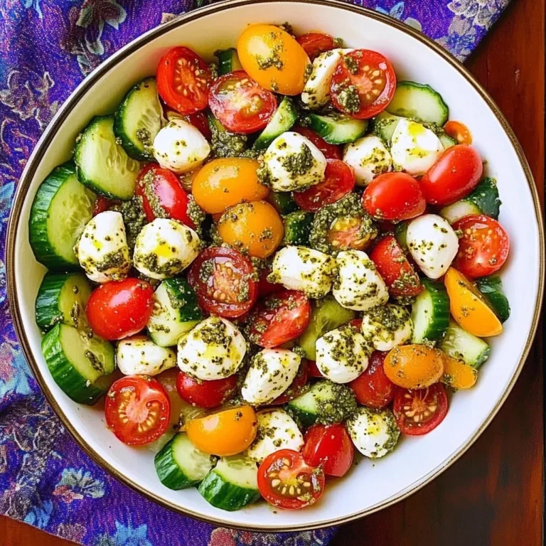 Tomato Cucumber Avocado Salad with Mozzarella and Basil Pesto