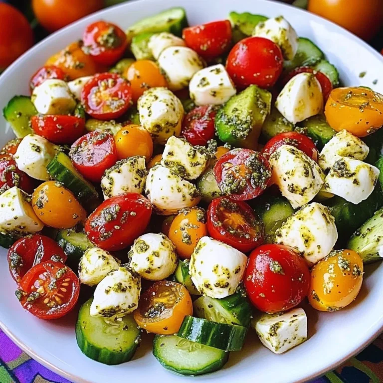 Tomato Cucumber Avocado Salad with Mozzarella and Basil Pesto