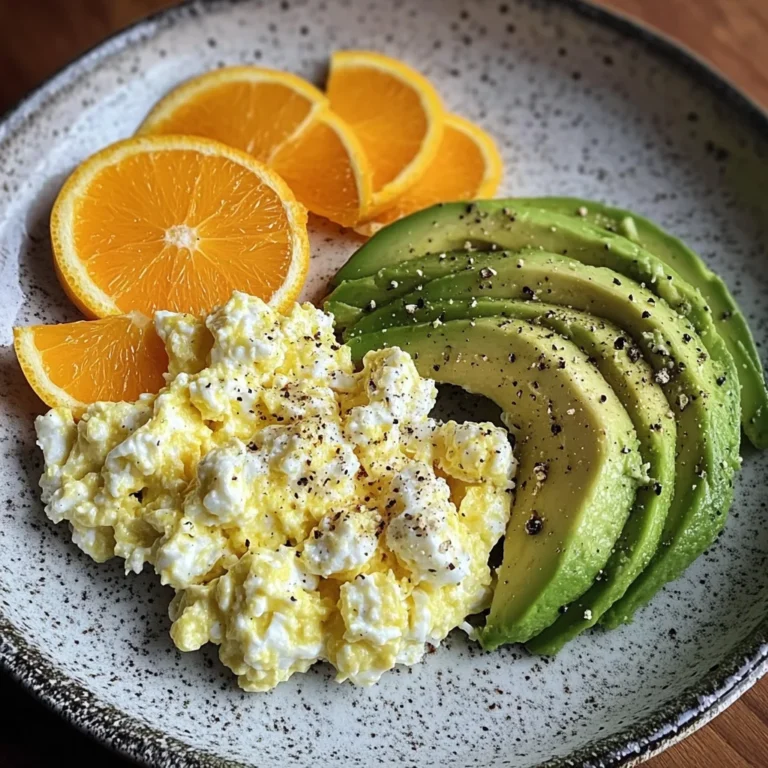 Avocado, Scrambled Eggs & Cottage Cheese Plate with Fresh Orange