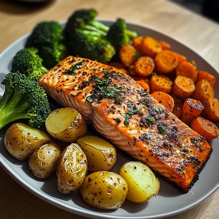 Garlic-Herb Salmon with Roasted Potatoes, Glazed Carrots & Broccoli