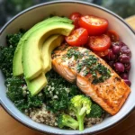 Herb-Roasted Salmon Bowl with Quinoa Kale Salad & Avocado