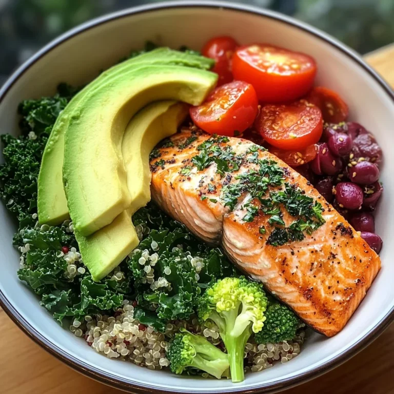 Herb-Roasted Salmon Bowl with Quinoa Kale Salad & Avocado
