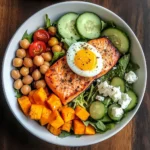 Omega Bowl: Salmon, Jammy Egg & Greens with Chickpeas & Sweet Potato