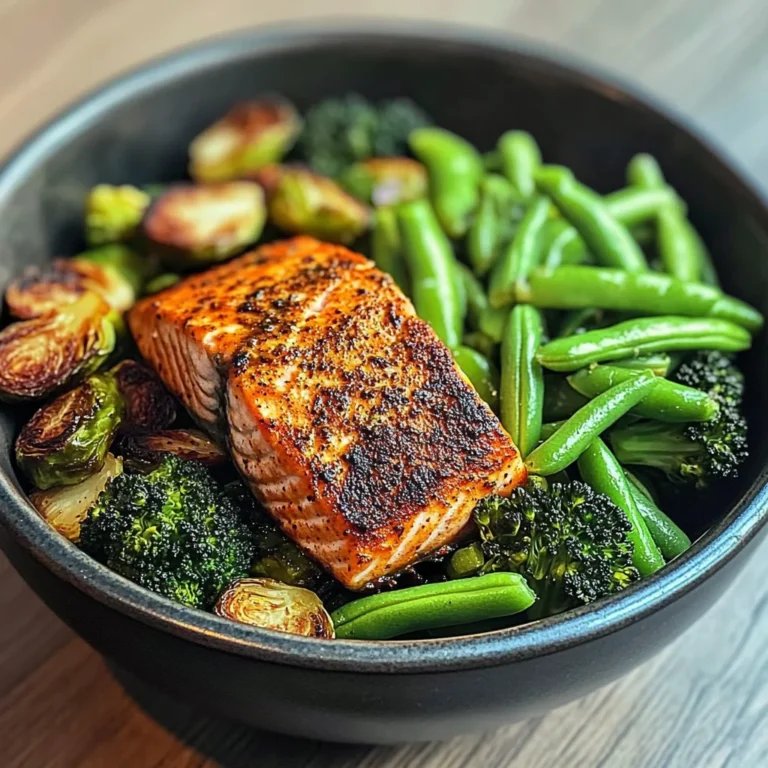 Spiced Salmon Bowl with Roasted Brussels, Sautéed Greens & Steamed Broccoli